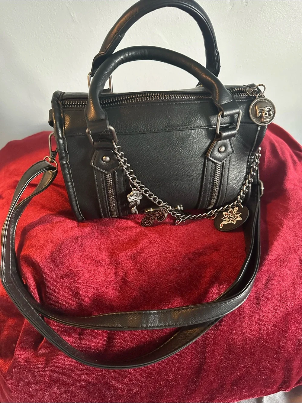 Ed Hardy Black Satchel with Charm Chain Accents